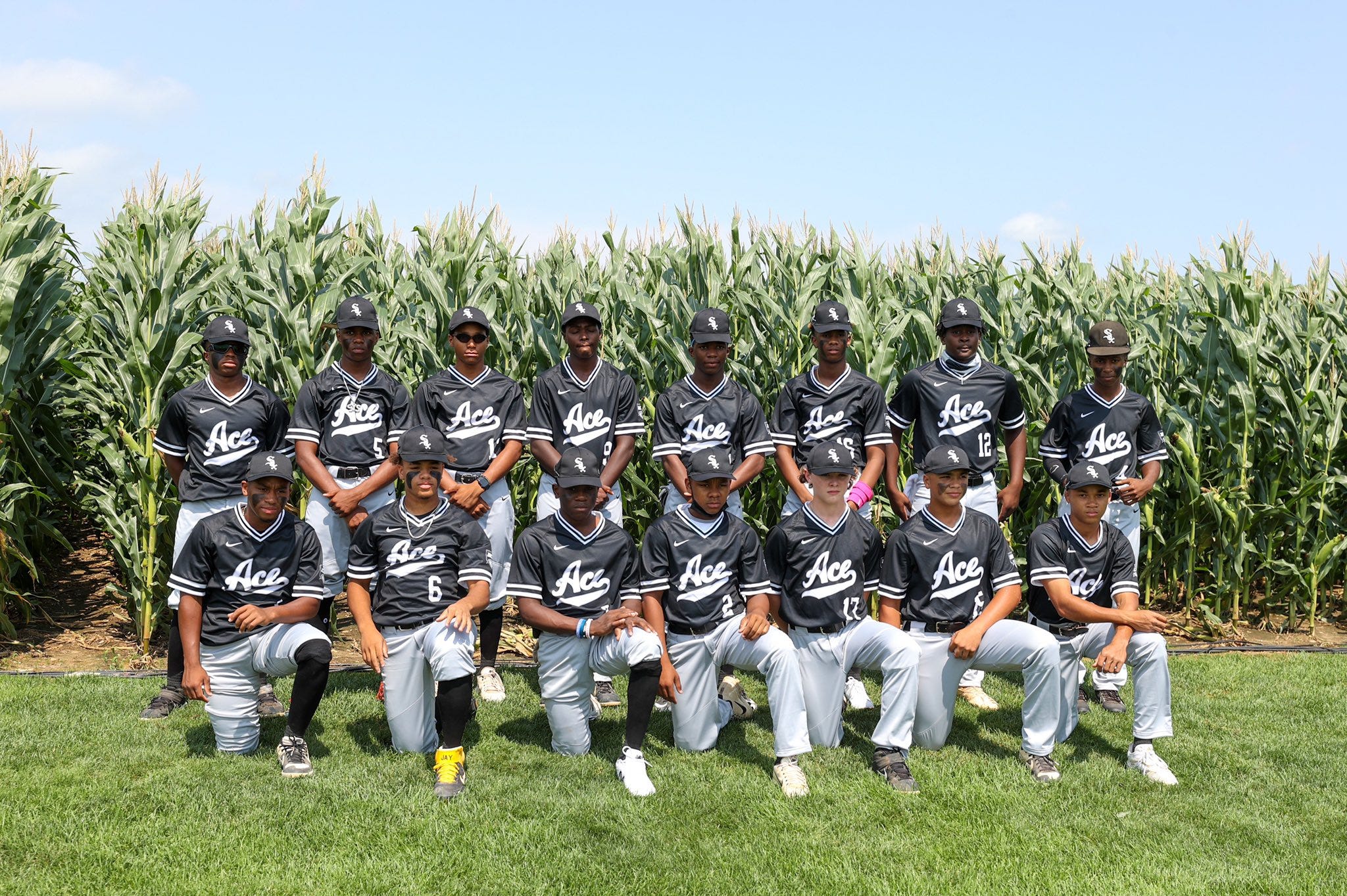 ACE U 14 Team in front of corn at Field of Dreams field in Iowa. Credit: MLB Photos